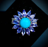 Natural Tanzanite and Turquoise Combine Ring with 925 Sterling Silver